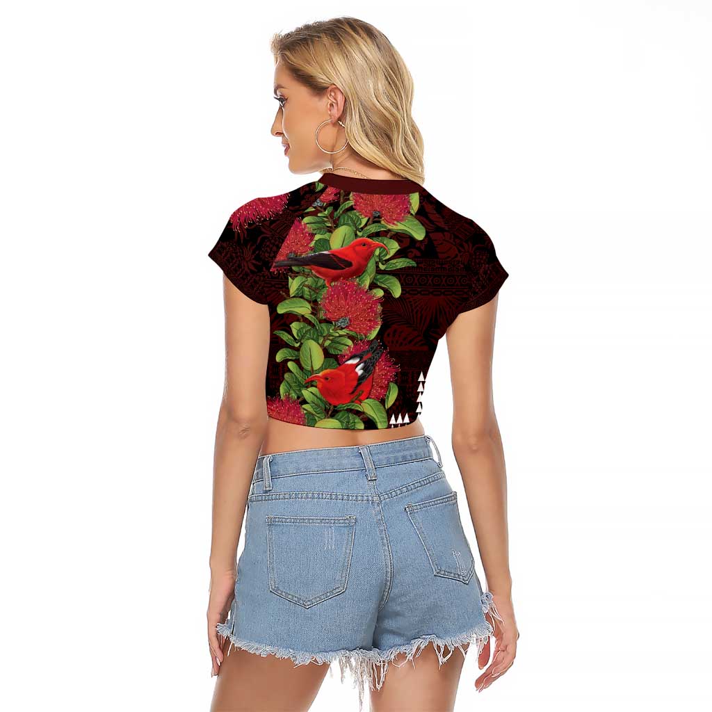Hawaii Mele Kalikimaka Kakau Raglan Cropped T Shirt I'iwi Bird on Ohia Lehua LT7 - Polynesian Pride