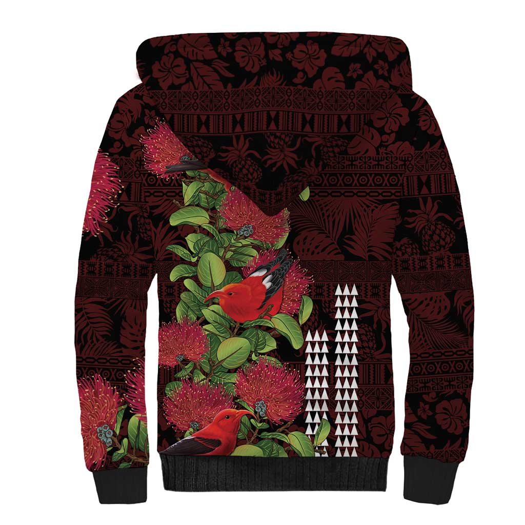 Hawaii Mele Kalikimaka Kakau Sherpa Hoodie I'iwi Bird on Ohia Lehua LT7 - Polynesian Pride