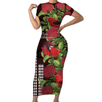Hawaii Mele Kalikimaka Kakau Short Sleeve Bodycon Dress I'iwi Bird on Ohia Lehua LT7 Long Dress Black Red - Polynesian Pride