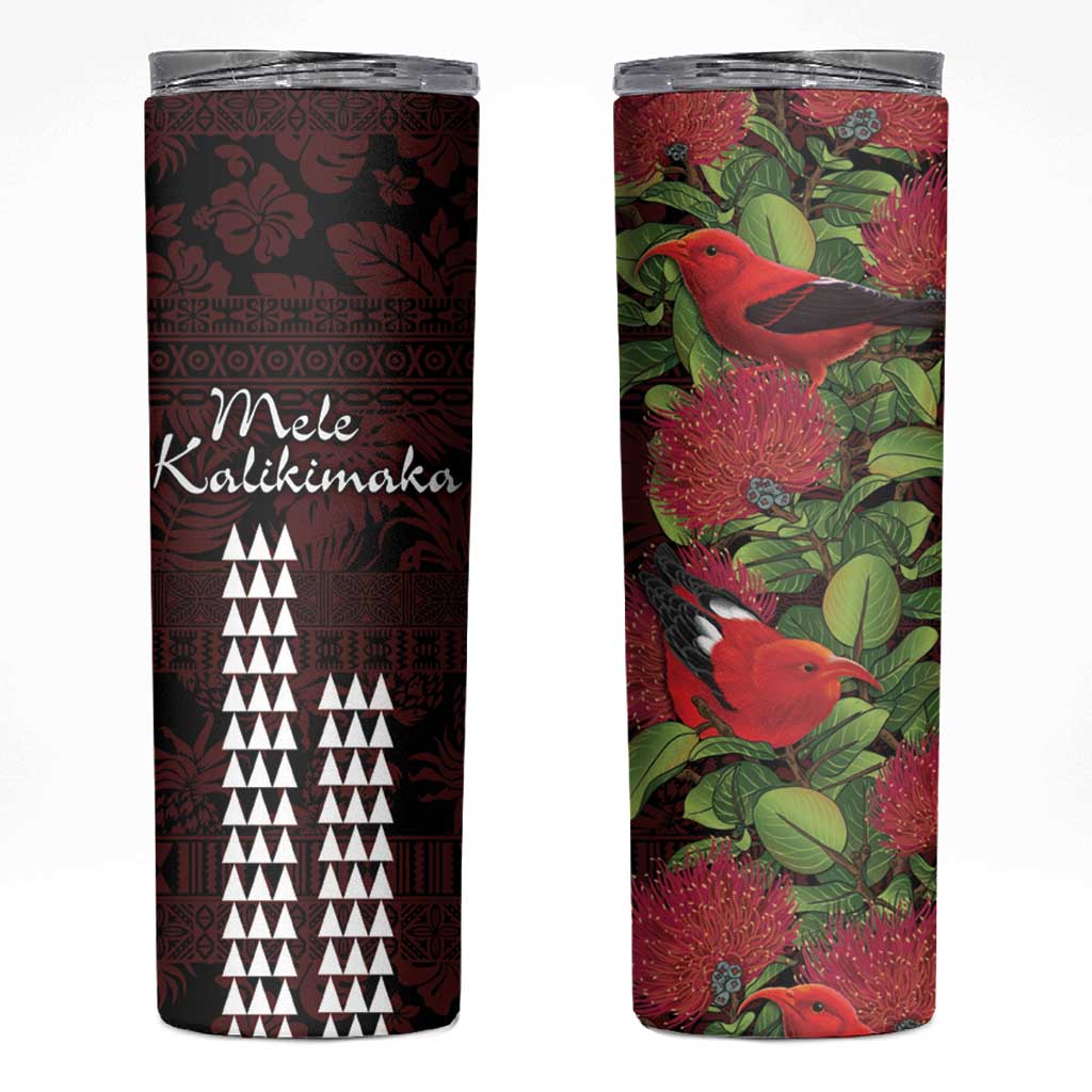 Hawaii Mele Kalikimaka Kakau Skinny Tumbler I'iwi Bird on Ohia Lehua LT7 Black Red - Polynesian Pride