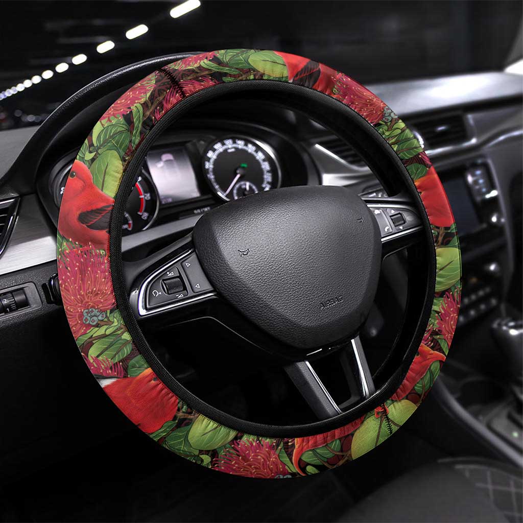 Hawaii Mele Kalikimaka Kakau Steering Wheel Cover I'iwi Bird on Ohia Lehua LT7 Universal Fit Black Red - Polynesian Pride