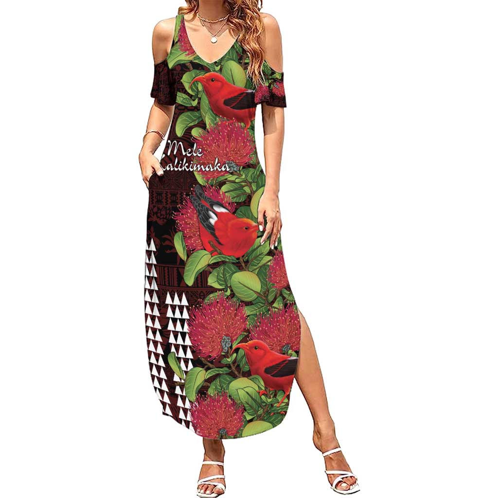 Hawaii Mele Kalikimaka Kakau Summer Maxi Dress I'iwi Bird on Ohia Lehua LT7 Women Black Red - Polynesian Pride