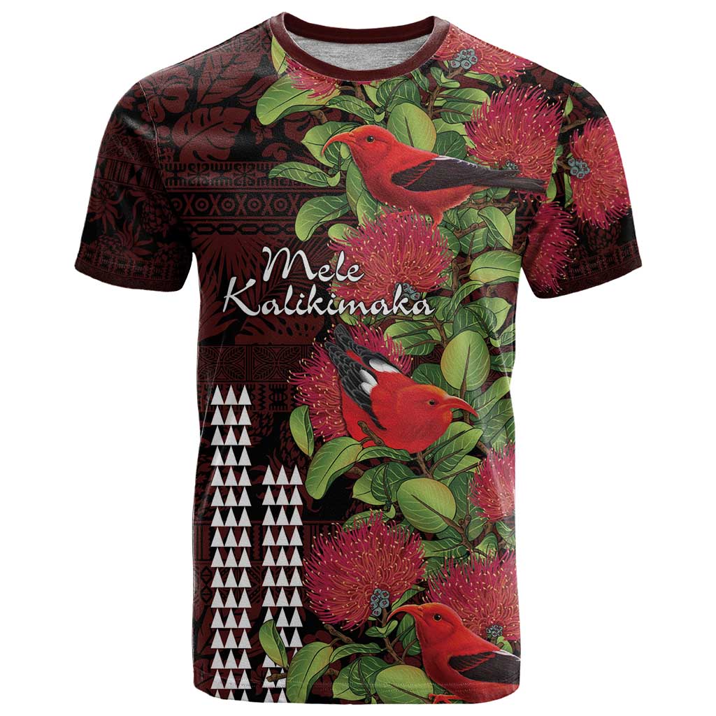 Hawaii Mele Kalikimaka Kakau T Shirt I'iwi Bird on Ohia Lehua LT7 Black Red - Polynesian Pride
