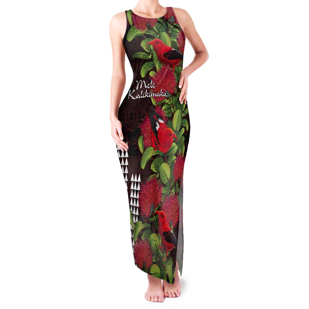Hawaii Mele Kalikimaka Kakau Tank Maxi Dress I'iwi Bird on Ohia Lehua LT7 Women Black Red - Polynesian Pride