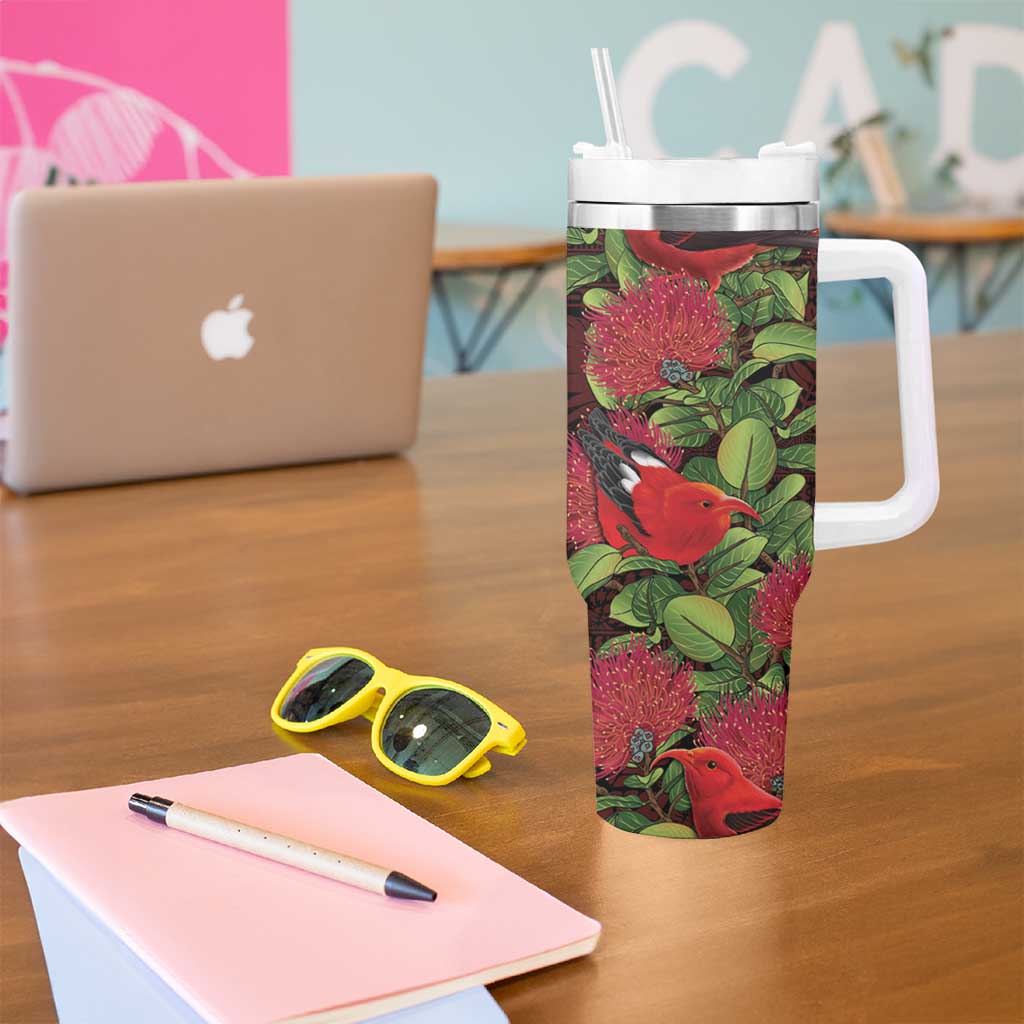 Hawaii Mele Kalikimaka Kakau Tumbler With Handle I'iwi Bird on Ohia Lehua LT7 - Polynesian Pride