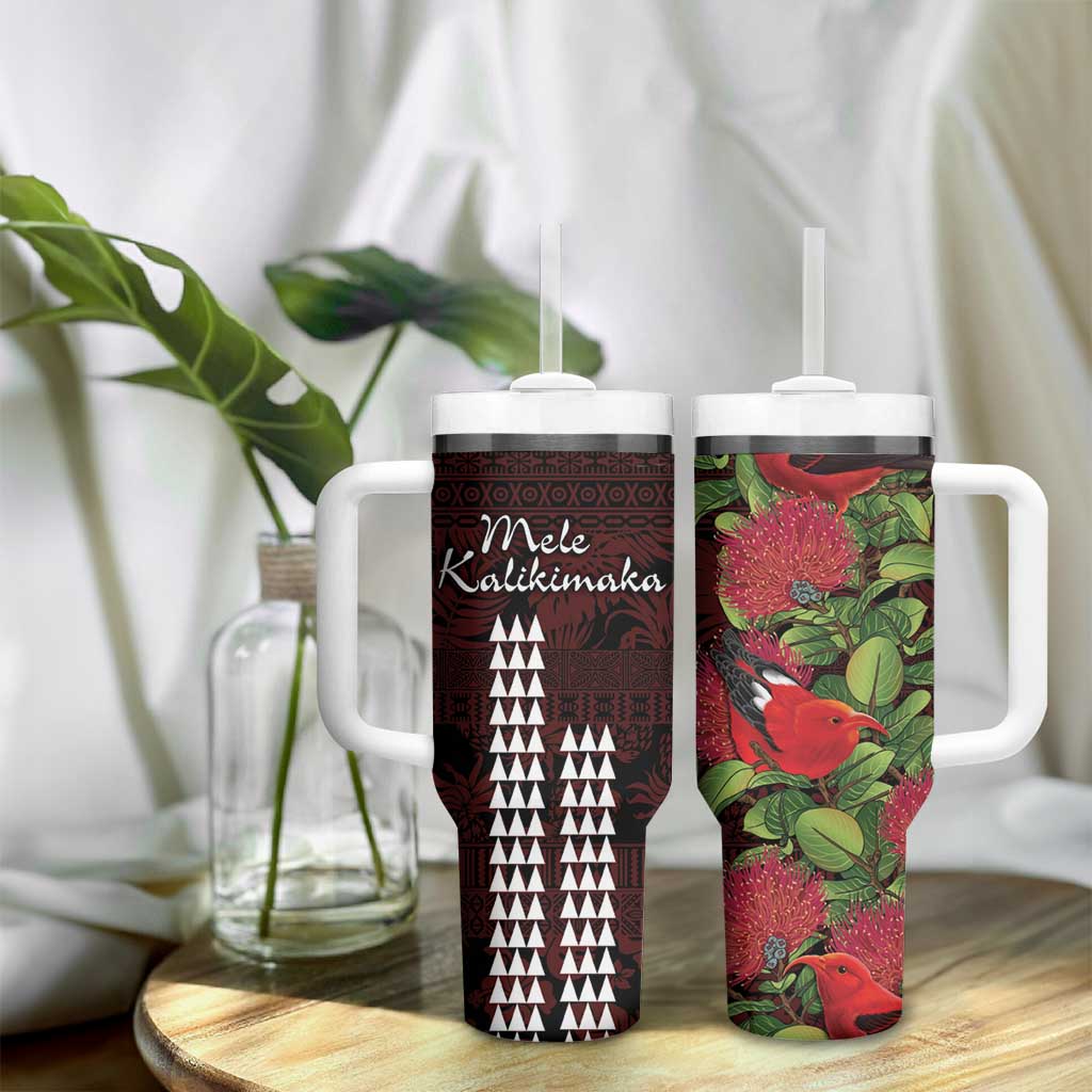 Hawaii Mele Kalikimaka Kakau Tumbler With Handle I'iwi Bird on Ohia Lehua LT7 - Polynesian Pride