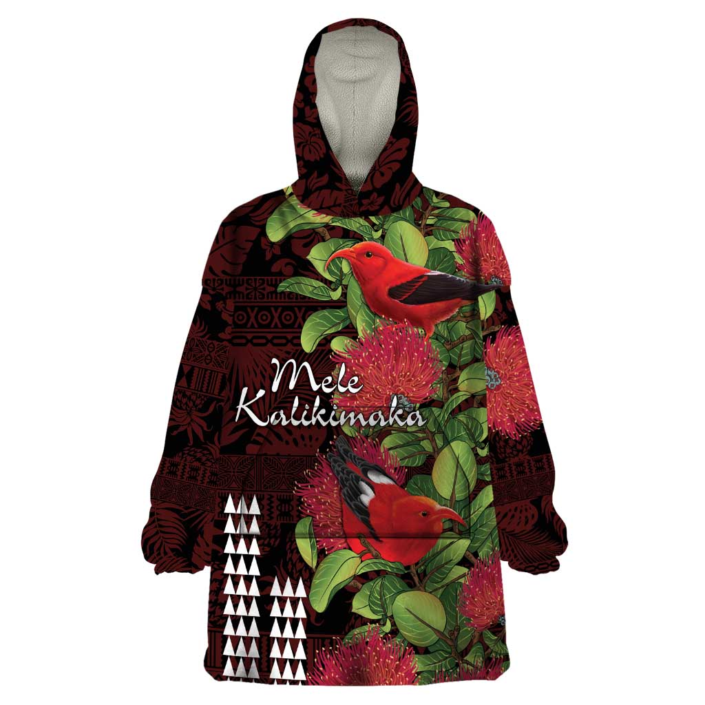 Hawaii Mele Kalikimaka Kakau Wearable Blanket Hoodie I'iwi Bird on Ohia Lehua LT7 One Size Black Red - Polynesian Pride