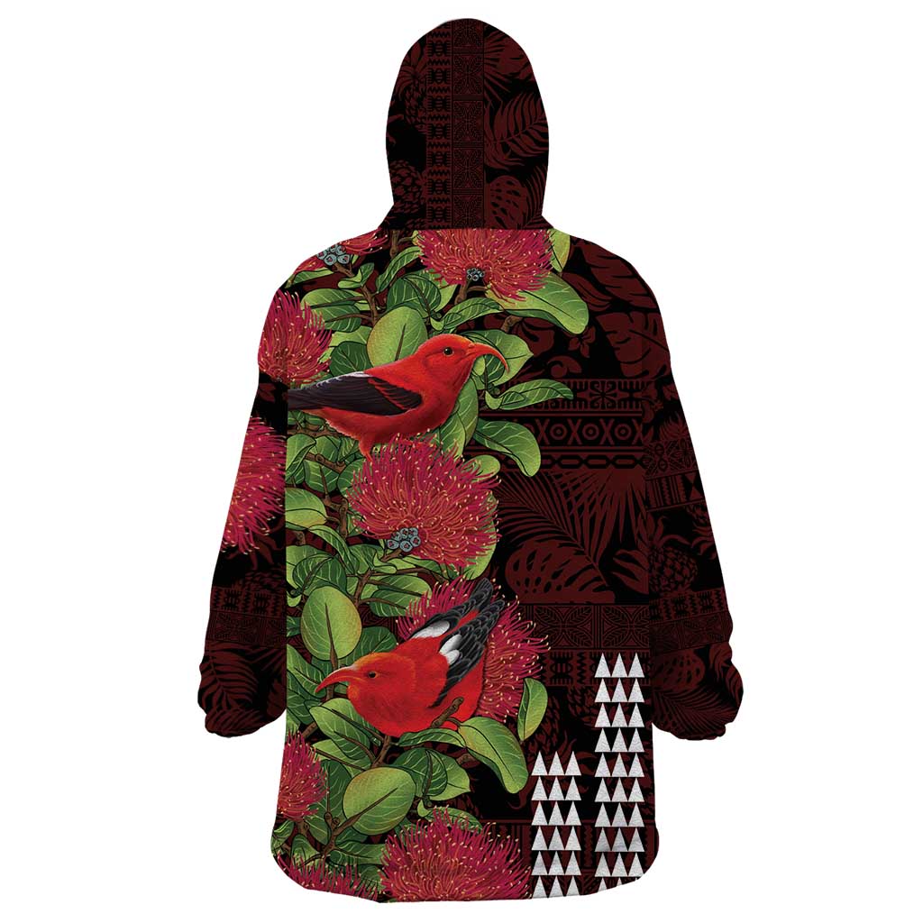 Hawaii Mele Kalikimaka Kakau Wearable Blanket Hoodie I'iwi Bird on Ohia Lehua LT7 - Polynesian Pride