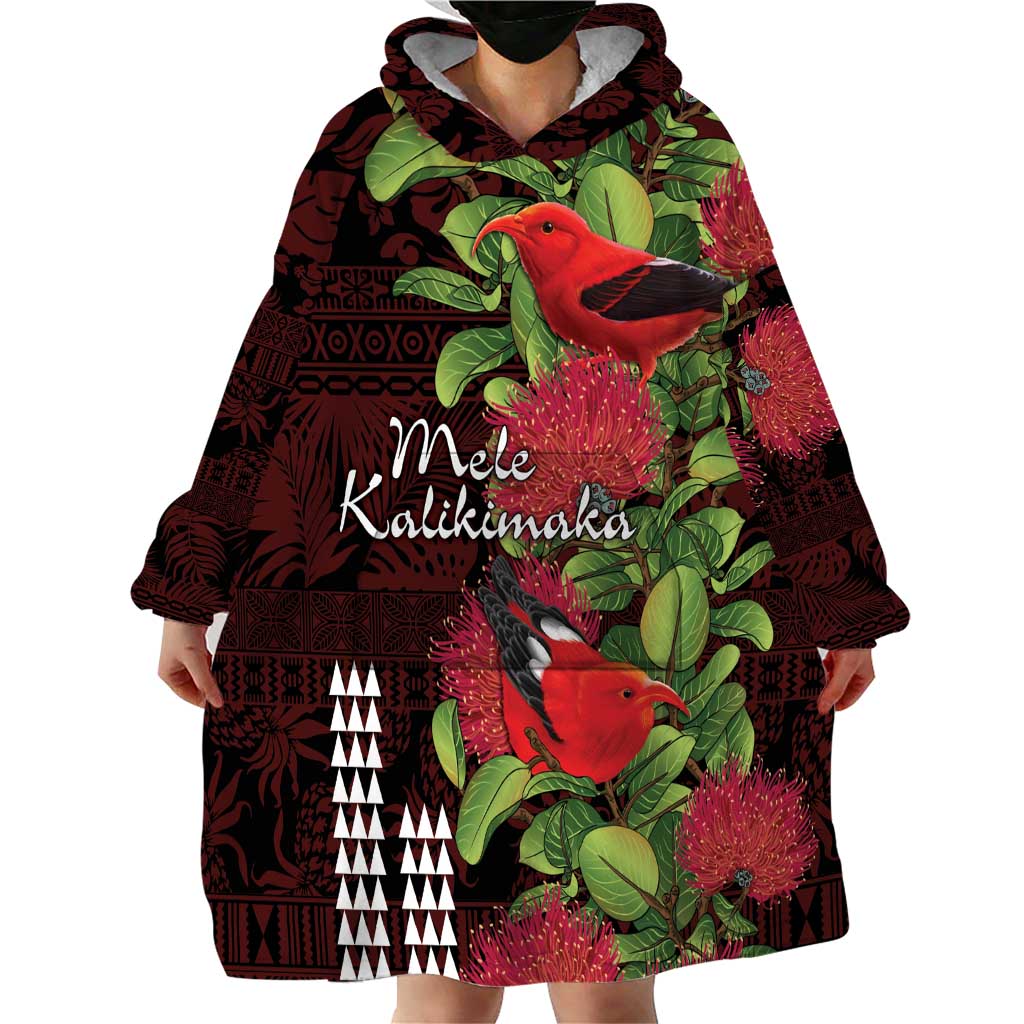 Hawaii Mele Kalikimaka Kakau Wearable Blanket Hoodie I'iwi Bird on Ohia Lehua LT7 - Polynesian Pride