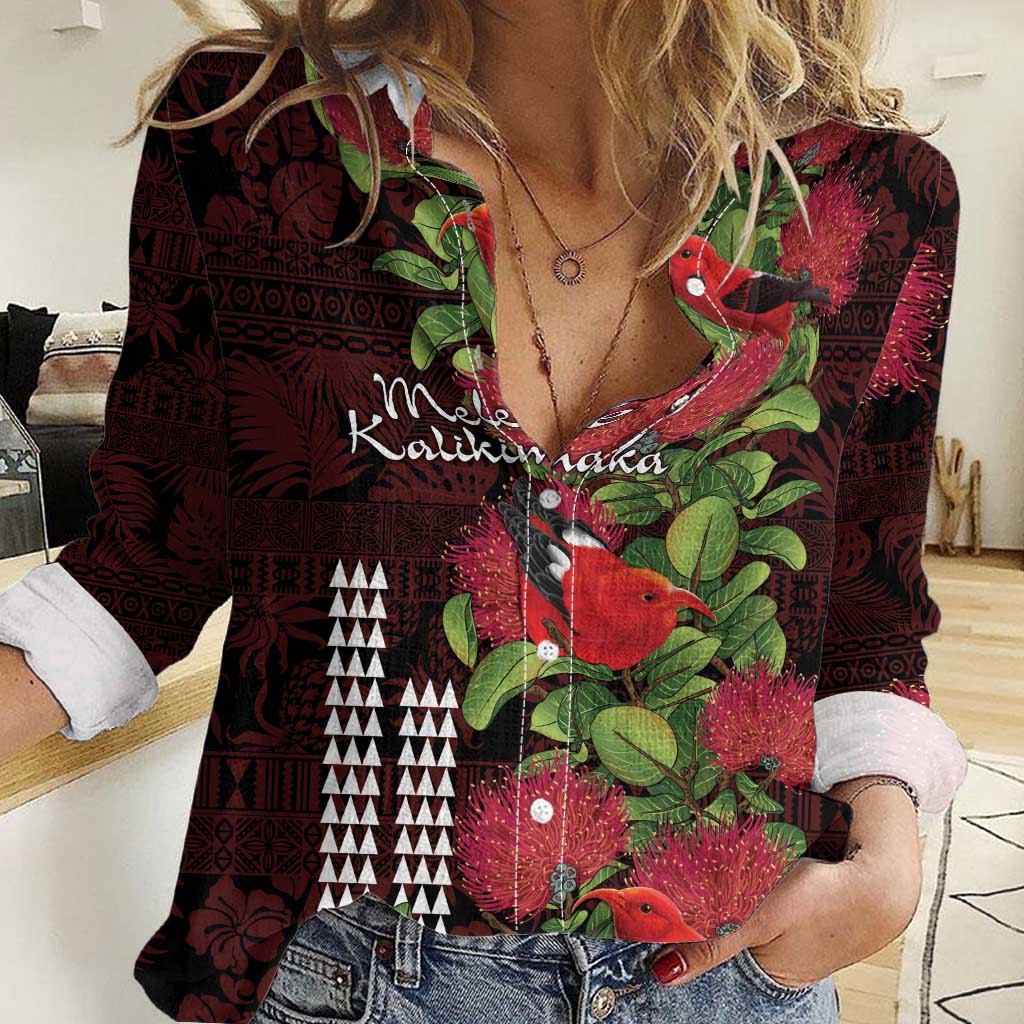 Hawaii Mele Kalikimaka Kakau Women Casual Shirt I'iwi Bird on Ohia Lehua LT7 Female Black Red - Polynesian Pride