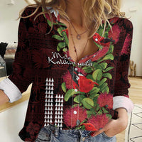 Hawaii Mele Kalikimaka Kakau Women Casual Shirt I'iwi Bird on Ohia Lehua LT7 Female Black Red - Polynesian Pride