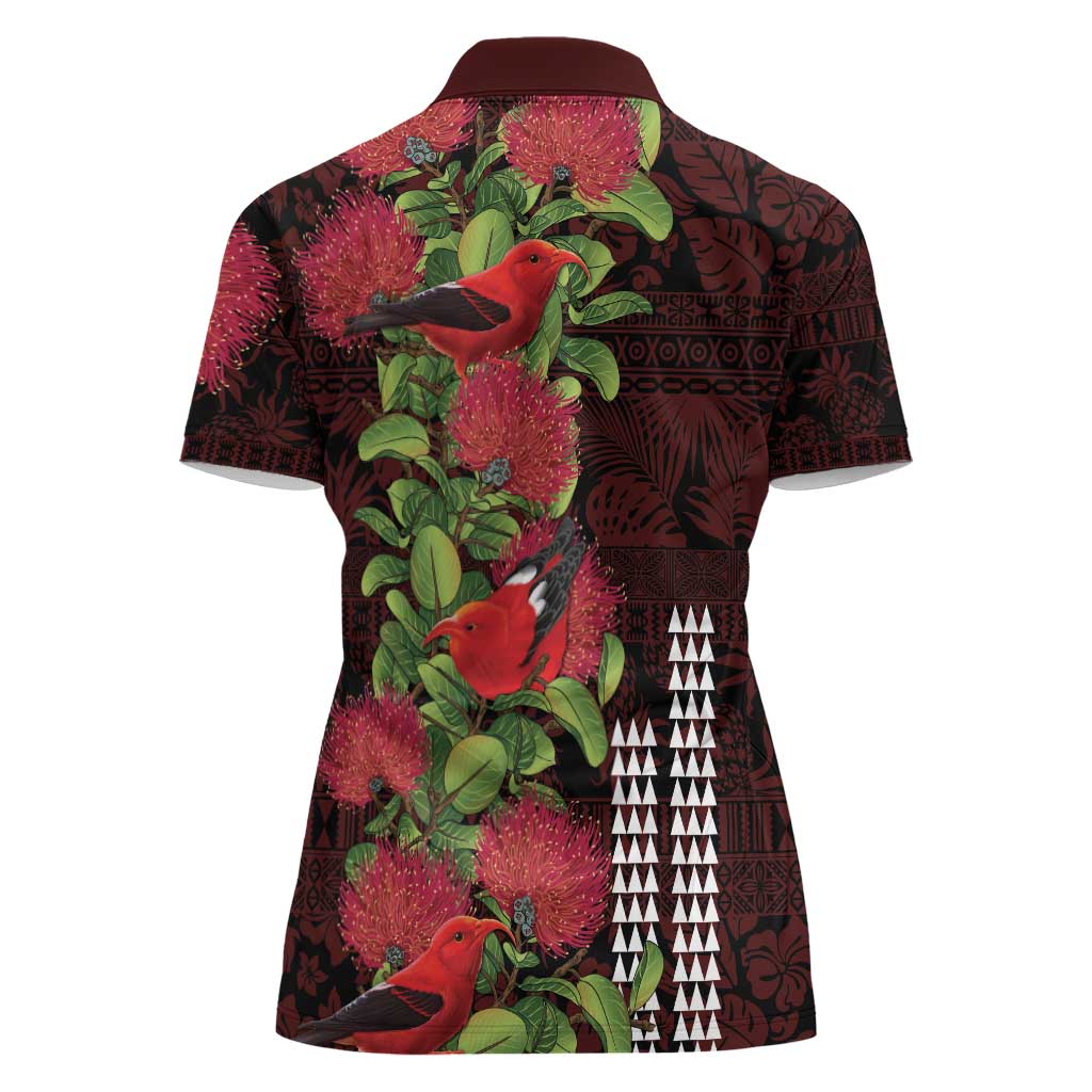 Hawaii Mele Kalikimaka Kakau Women Polo Shirt I'iwi Bird on Ohia Lehua LT7 - Polynesian Pride
