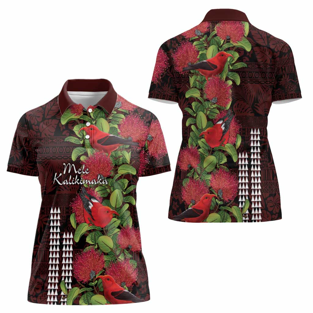 Hawaii Mele Kalikimaka Kakau Women Polo Shirt I'iwi Bird on Ohia Lehua LT7 - Polynesian Pride