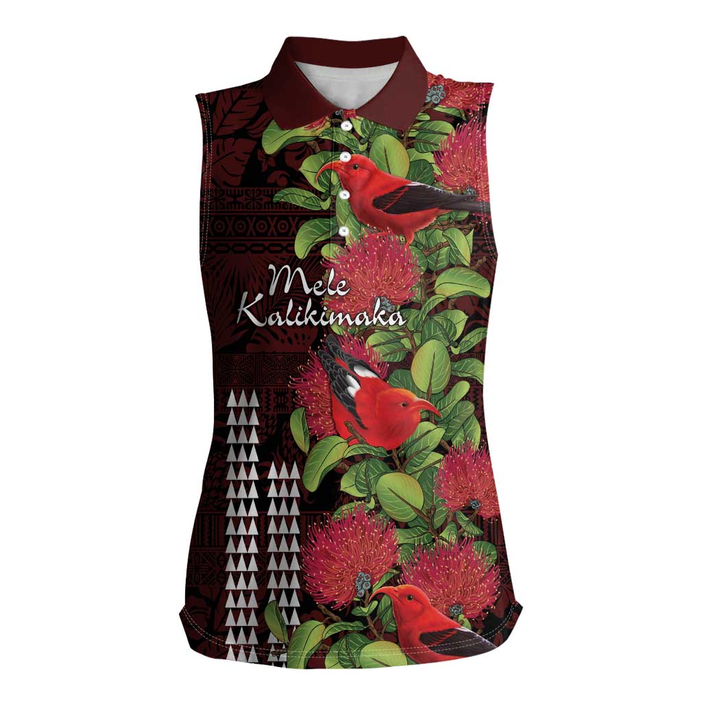 Hawaii Mele Kalikimaka Kakau Women Sleeveless Polo Shirt I'iwi Bird on Ohia Lehua LT7 Female Black Red - Polynesian Pride