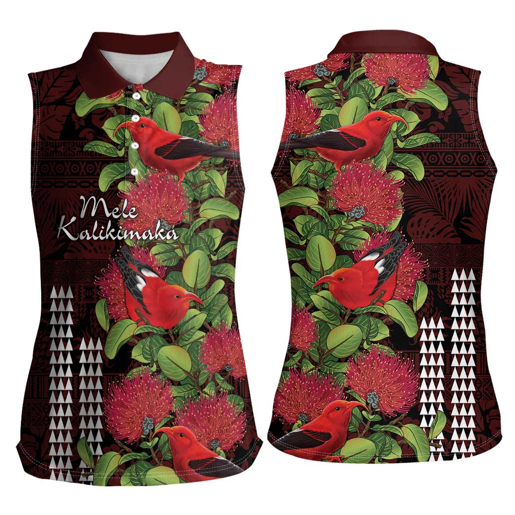 Hawaii Mele Kalikimaka Kakau Women Sleeveless Polo Shirt I'iwi Bird on Ohia Lehua LT7 - Polynesian Pride