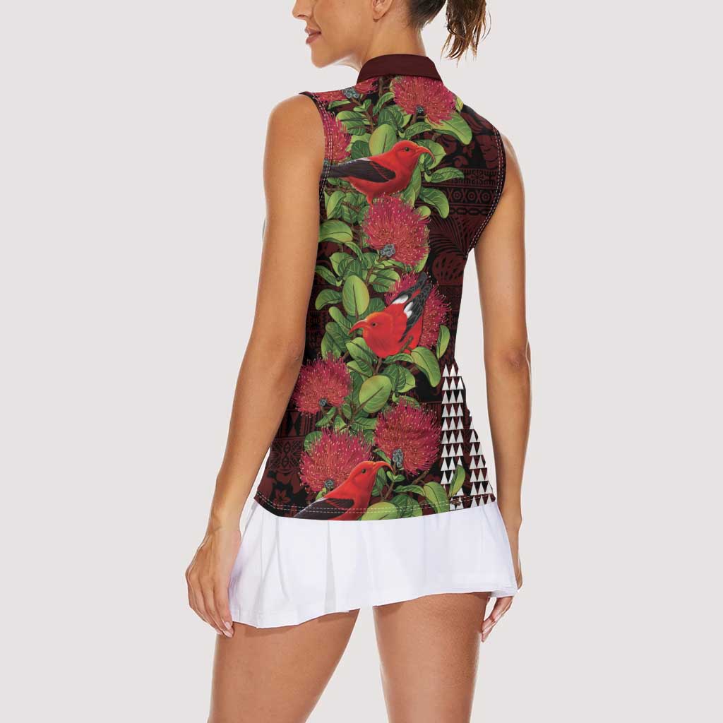 Hawaii Mele Kalikimaka Kakau Women Sleeveless Polo Shirt I'iwi Bird on Ohia Lehua LT7 - Polynesian Pride