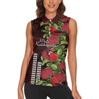 Hawaii Mele Kalikimaka Kakau Women Sleeveless Polo Shirt I'iwi Bird on Ohia Lehua LT7 - Polynesian Pride
