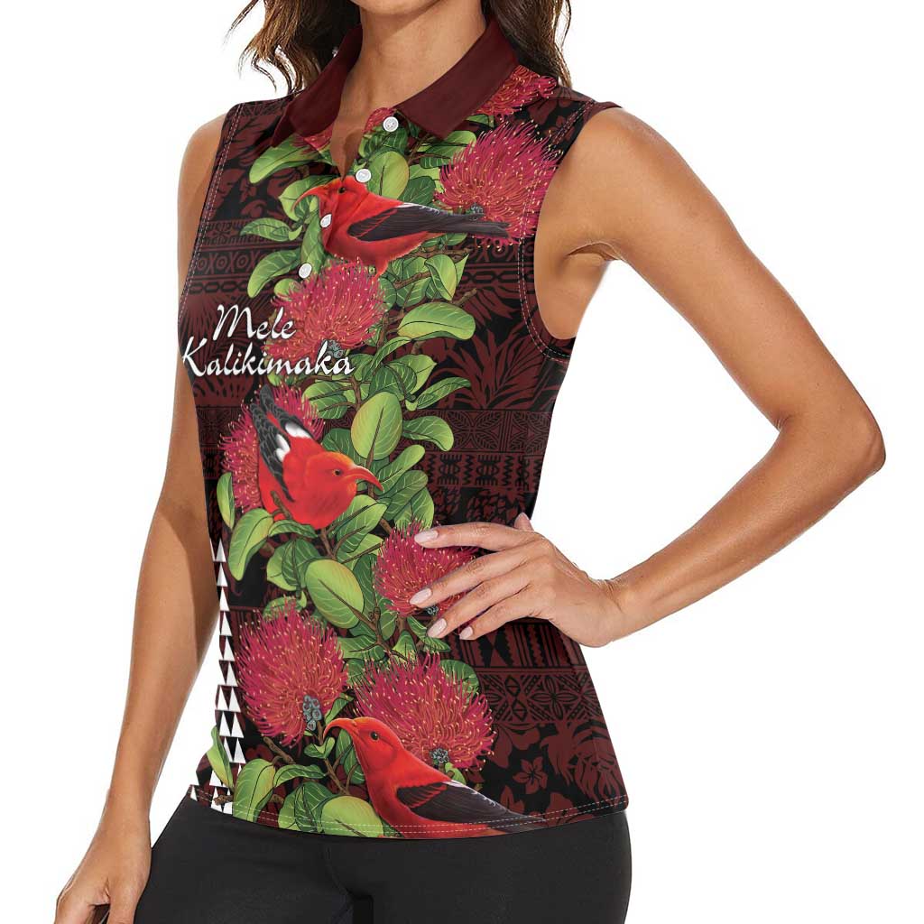 Hawaii Mele Kalikimaka Kakau Women Sleeveless Polo Shirt I'iwi Bird on Ohia Lehua LT7 - Polynesian Pride