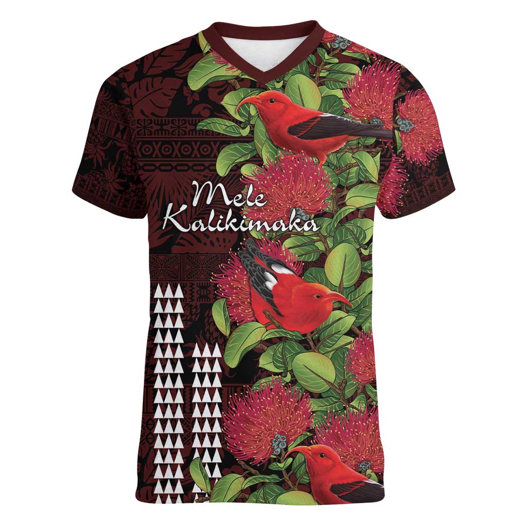 Hawaii Mele Kalikimaka Kakau Women V-Neck T-Shirt I'iwi Bird on Ohia Lehua LT7 Female Black Red - Polynesian Pride