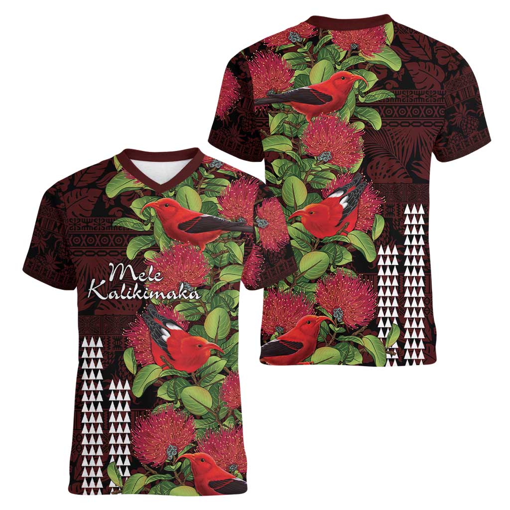 Hawaii Mele Kalikimaka Kakau Women V-Neck T-Shirt I'iwi Bird on Ohia Lehua LT7 - Polynesian Pride