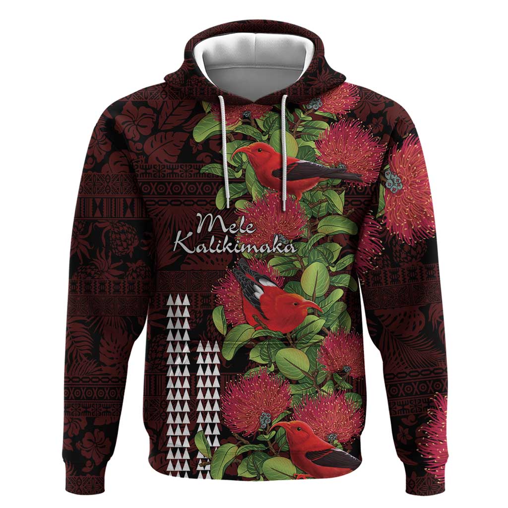 Hawaii Mele Kalikimaka Kakau Zip Hoodie I'iwi Bird on Ohia Lehua LT7 Pullover Hoodie Black Red - Polynesian Pride