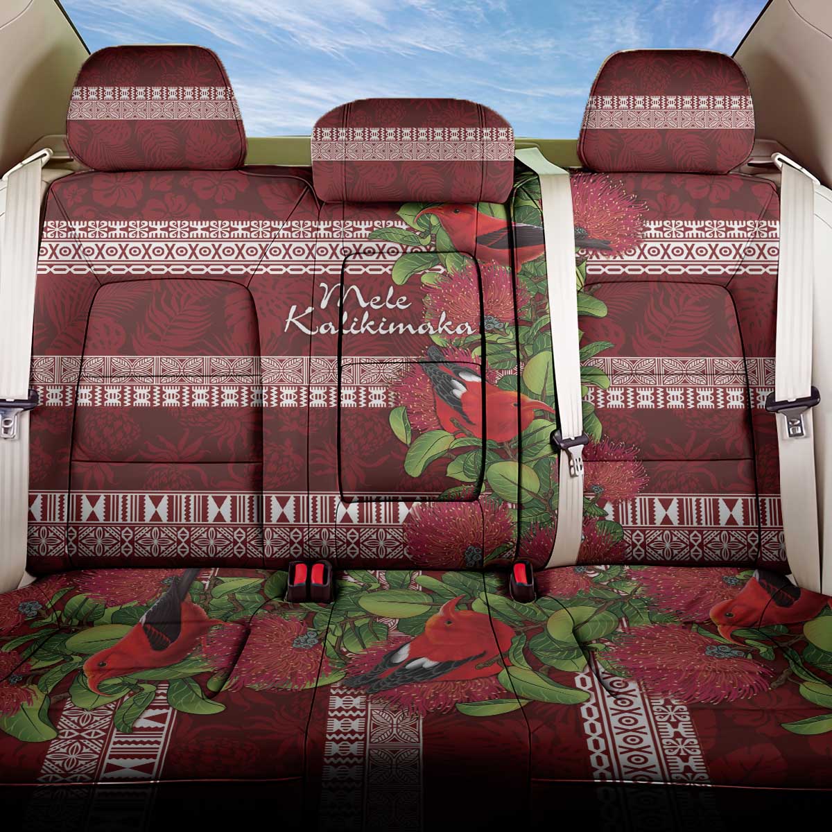 Hawaii Christmas Mele Kalikimaka Back Car Seat Cover I'iwi Bird on Ohia Lehua LT7 One Size Red White - Polynesian Pride