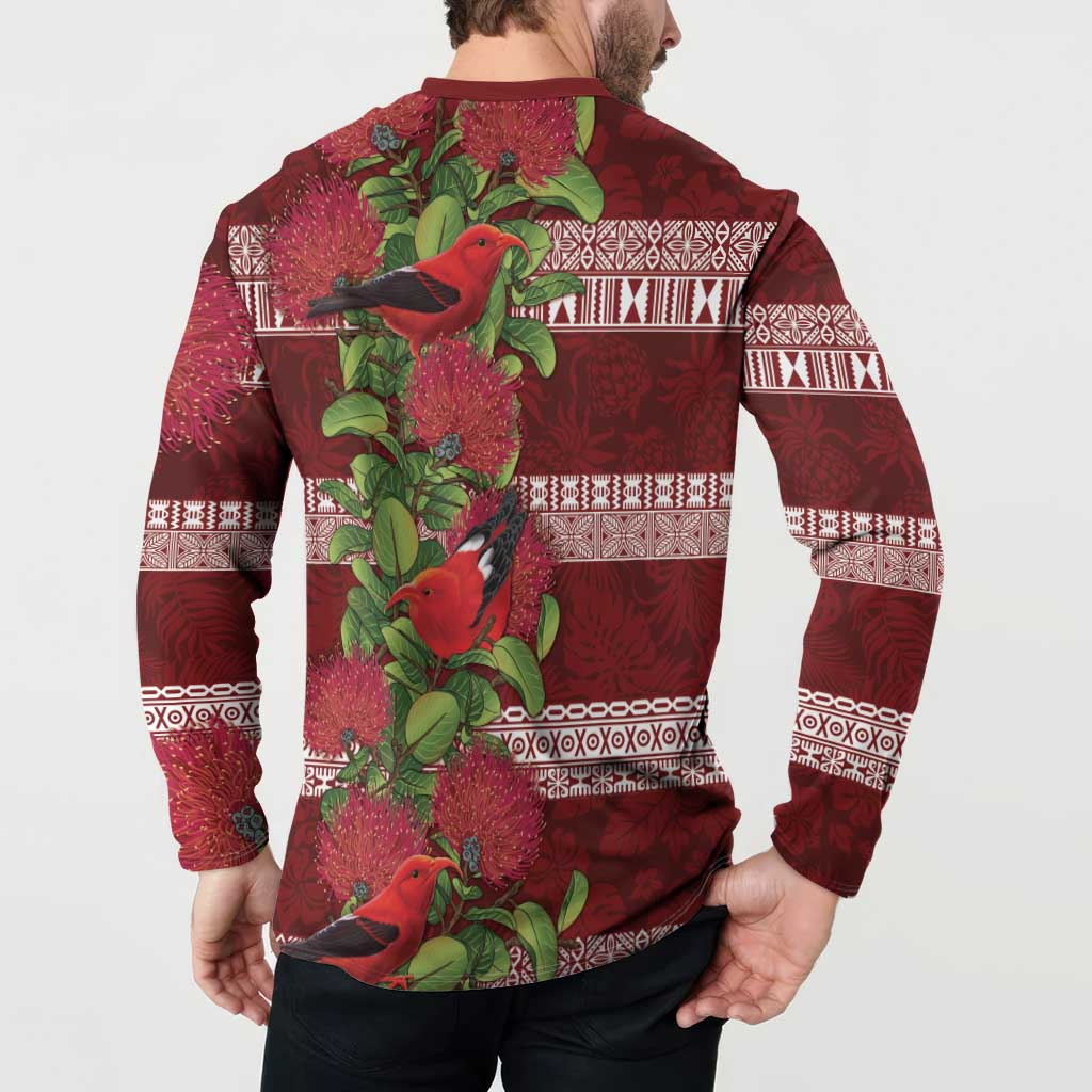 Hawaii Christmas Mele Kalikimaka Button Sweatshirt I'iwi Bird on Ohia Lehua