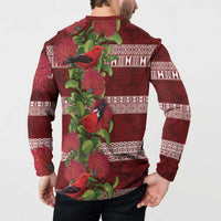 Hawaii Christmas Mele Kalikimaka Button Sweatshirt I'iwi Bird on Ohia Lehua