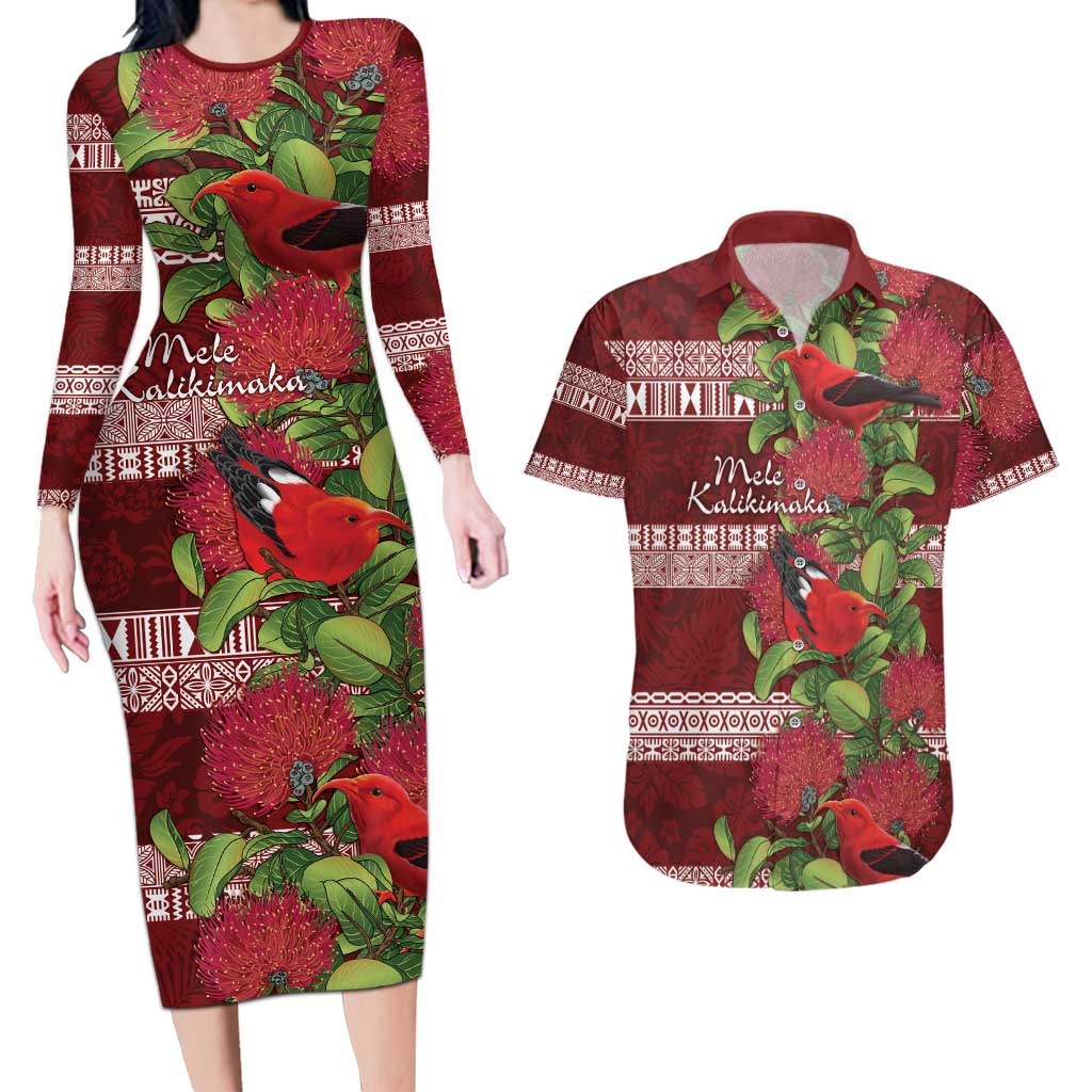 Hawaii Christmas Mele Kalikimaka Couples Matching Long Sleeve Bodycon Dress and Hawaiian Shirt I'iwi Bird on Ohia Lehua LT7 Red White - Polynesian Pride