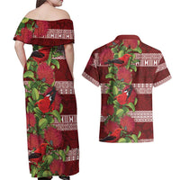 Hawaii Christmas Mele Kalikimaka Couples Matching Off Shoulder Maxi Dress and Hawaiian Shirt I'iwi Bird on Ohia Lehua LT7 - Polynesian Pride