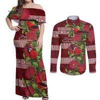 Hawaii Christmas Mele Kalikimaka Couples Matching Off Shoulder Maxi Dress and Long Sleeve Button Shirt I'iwi Bird on Ohia Lehua LT7 Red White - Polynesian Pride