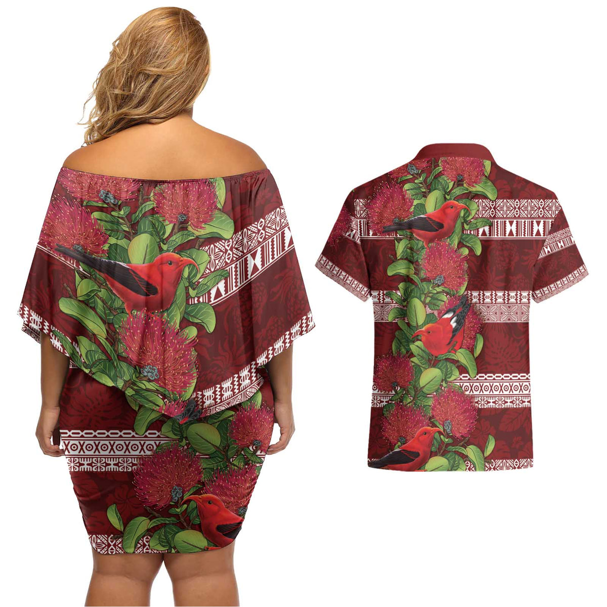 Hawaii Christmas Mele Kalikimaka Couples Matching Off Shoulder Short Dress and Hawaiian Shirt I'iwi Bird on Ohia Lehua LT7 - Polynesian Pride