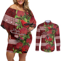 Hawaii Christmas Mele Kalikimaka Couples Matching Off Shoulder Short Dress and Long Sleeve Button Shirt I'iwi Bird on Ohia Lehua LT7 Red White - Polynesian Pride
