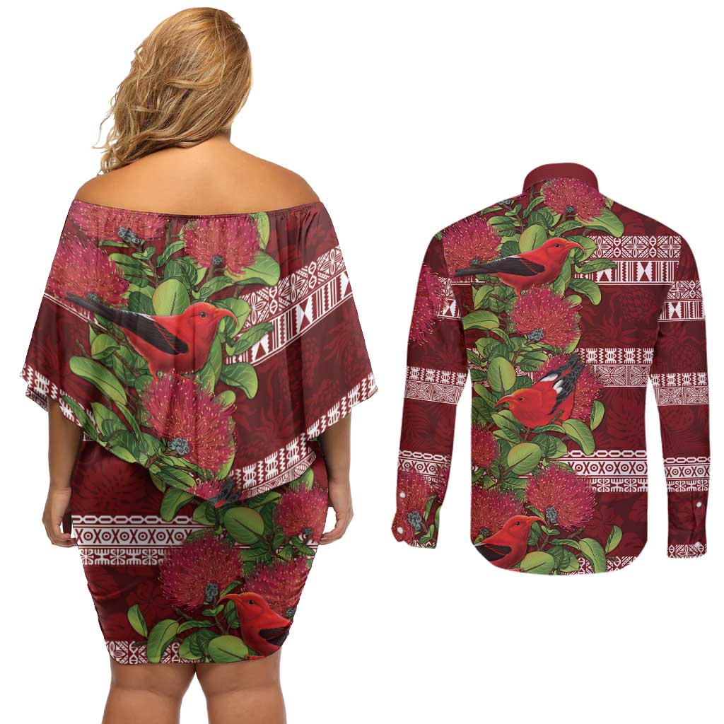 Hawaii Christmas Mele Kalikimaka Couples Matching Off Shoulder Short Dress and Long Sleeve Button Shirt I'iwi Bird on Ohia Lehua LT7 - Polynesian Pride