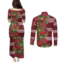 Hawaii Christmas Mele Kalikimaka Couples Matching Puletasi and Long Sleeve Button Shirt I'iwi Bird on Ohia Lehua LT7 - Polynesian Pride