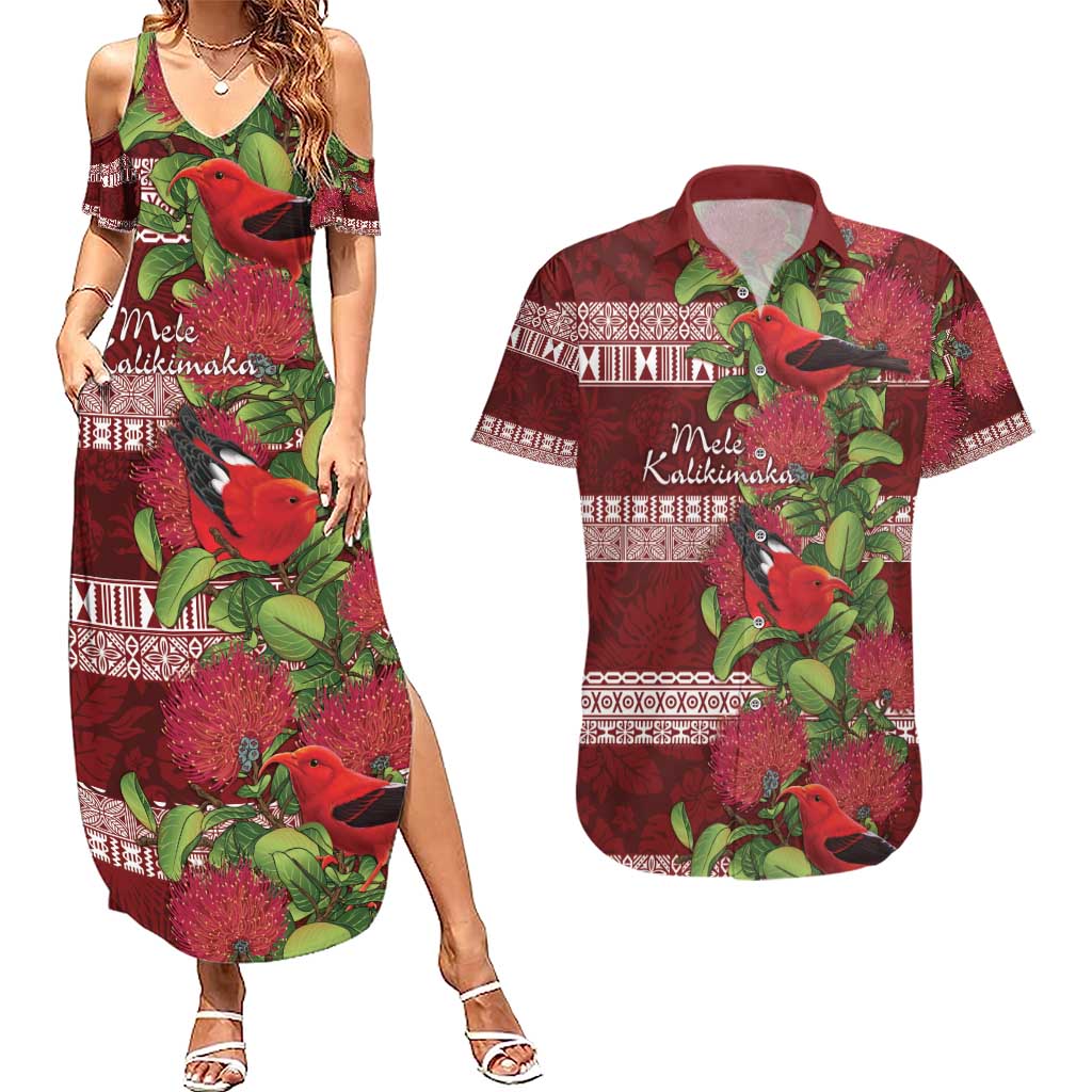 Hawaii Christmas Mele Kalikimaka Couples Matching Summer Maxi Dress and Hawaiian Shirt I'iwi Bird on Ohia Lehua