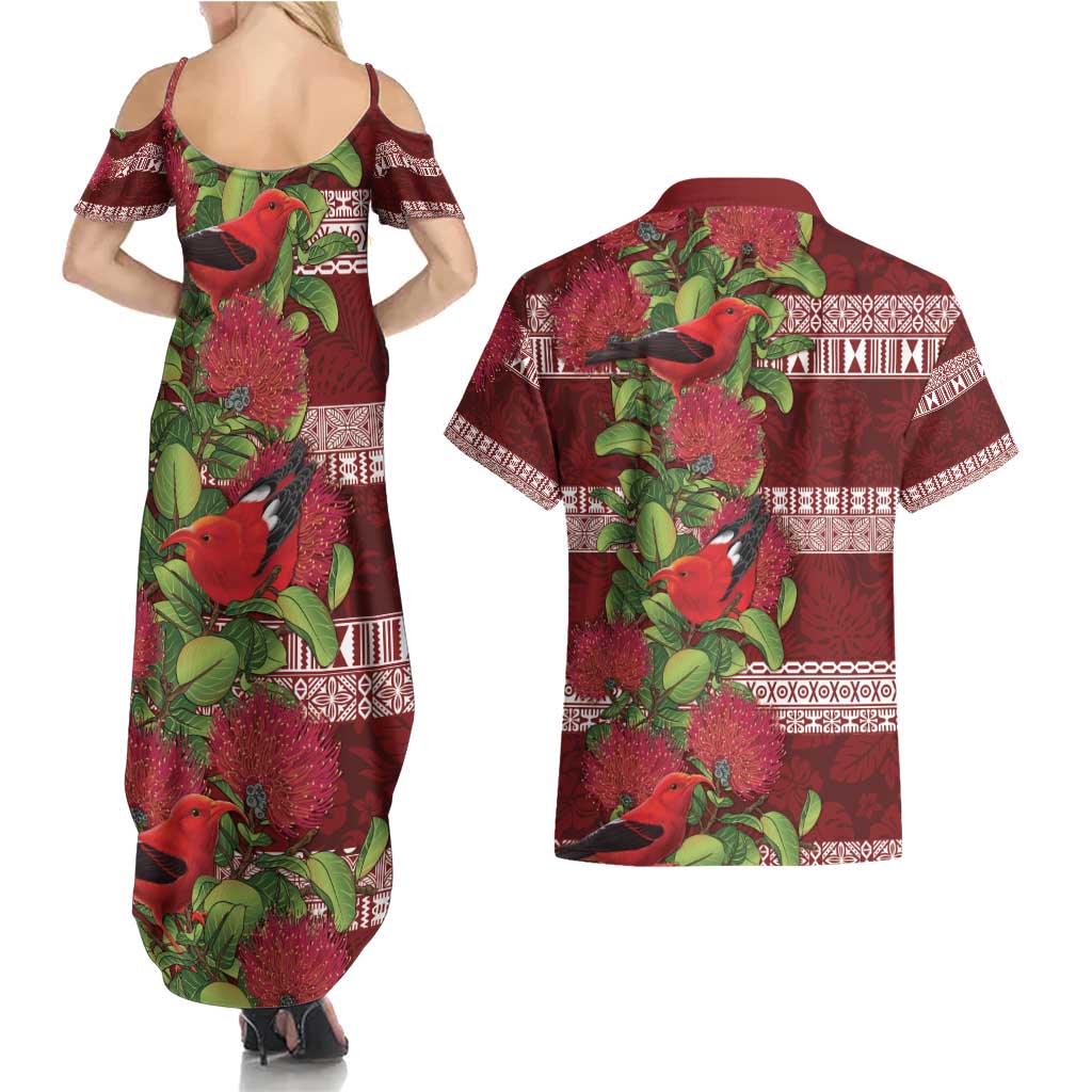 Hawaii Christmas Mele Kalikimaka Couples Matching Summer Maxi Dress and Hawaiian Shirt I'iwi Bird on Ohia Lehua