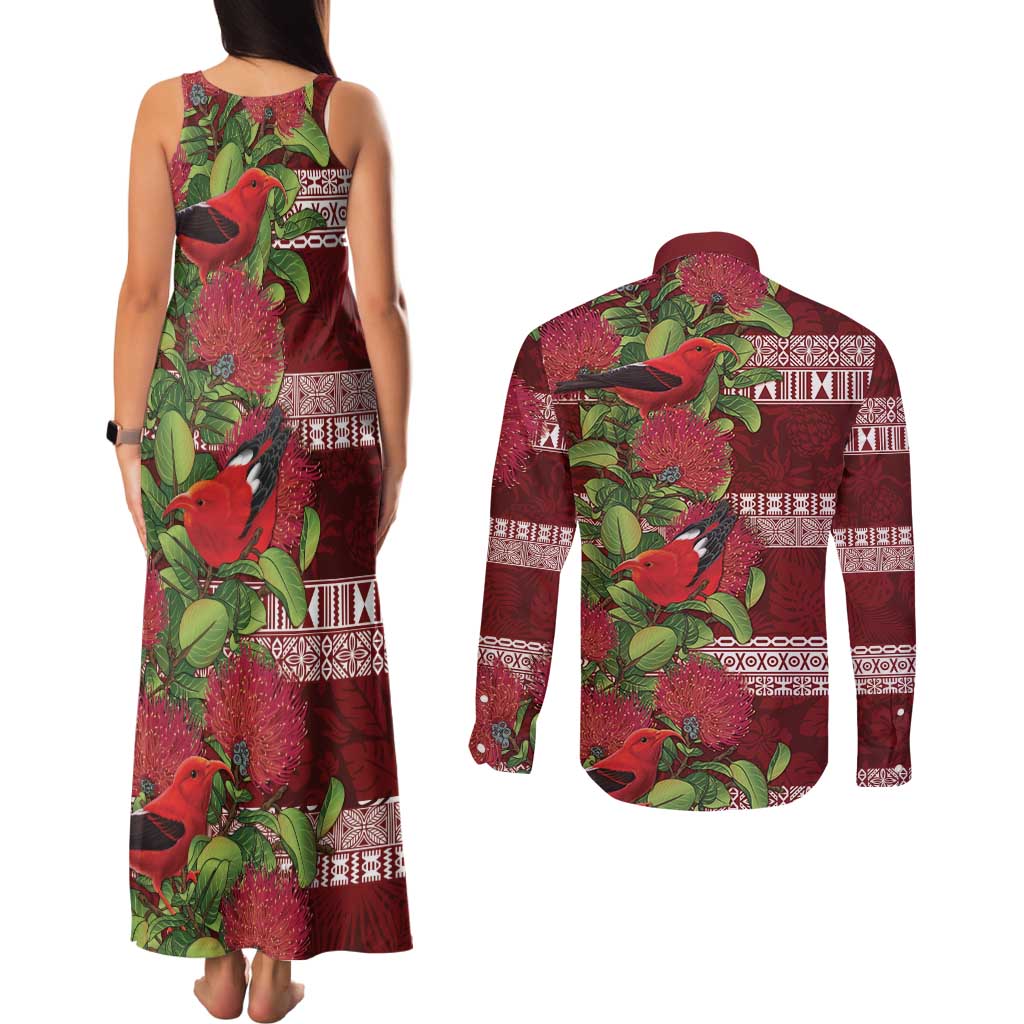 Hawaii Christmas Mele Kalikimaka Couples Matching Tank Maxi Dress and Long Sleeve Button Shirt I'iwi Bird on Ohia Lehua
