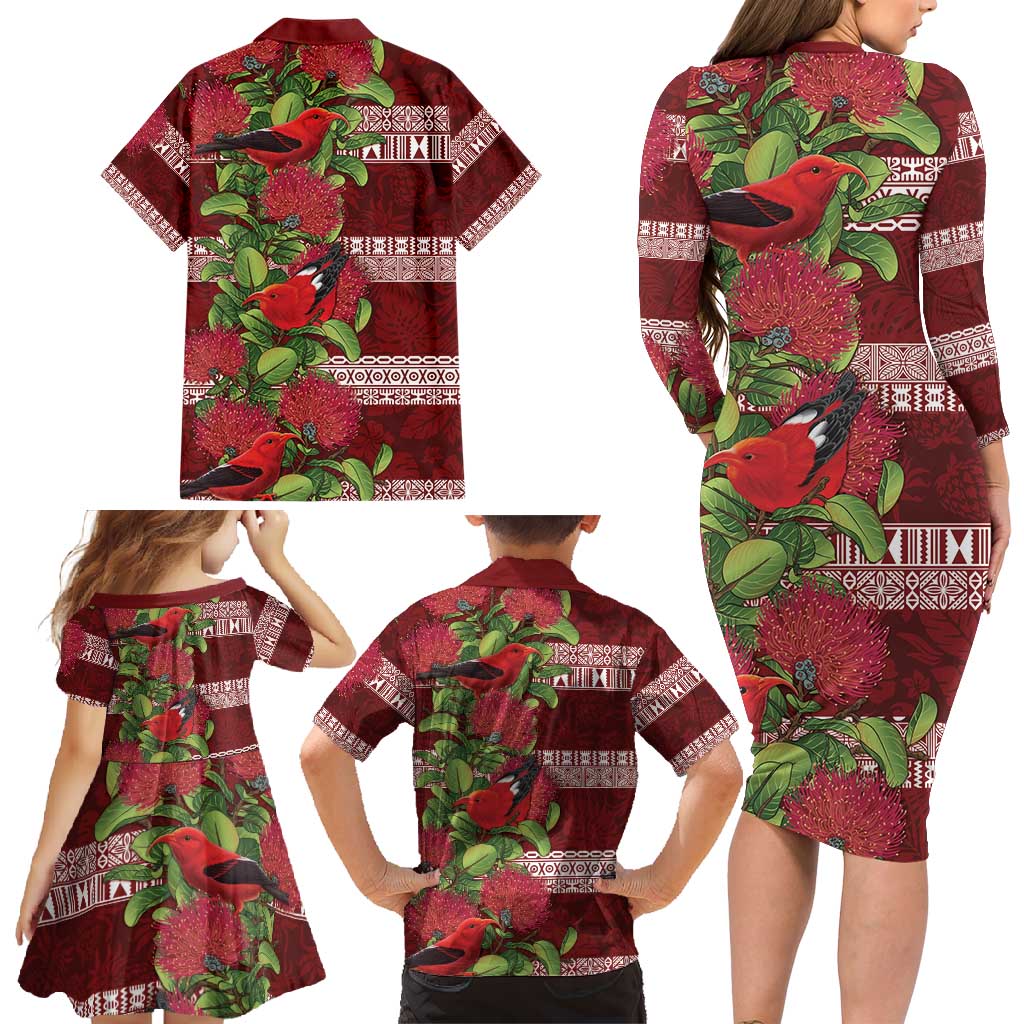 Hawaii Christmas Mele Kalikimaka Family Matching Long Sleeve Bodycon Dress and Hawaiian Shirt I'iwi Bird on Ohia Lehua