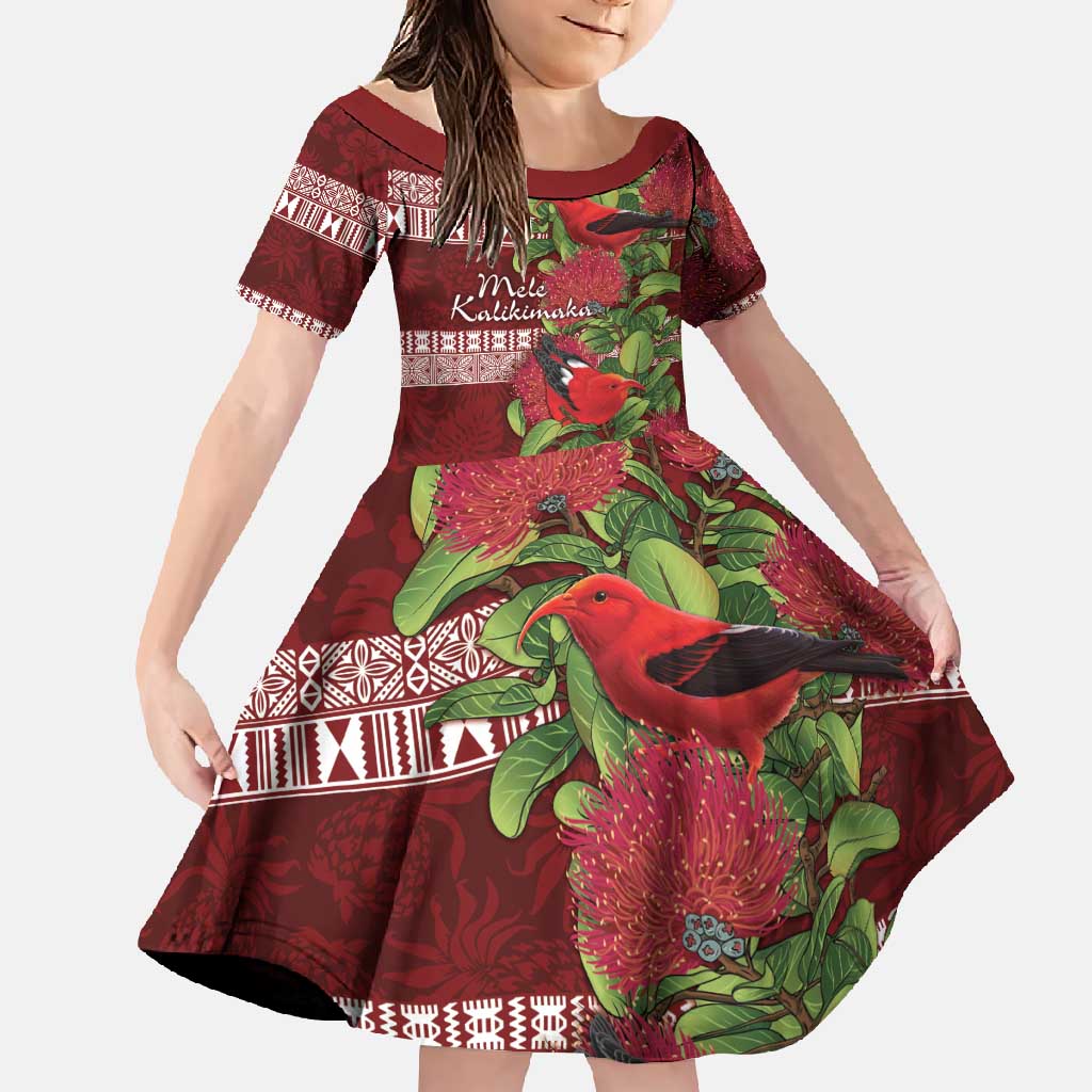 Hawaii Christmas Mele Kalikimaka Family Matching Mermaid Dress and Hawaiian Shirt I'iwi Bird on Ohia Lehua LT7 Daughter's Dress Red White - Polynesian Pride