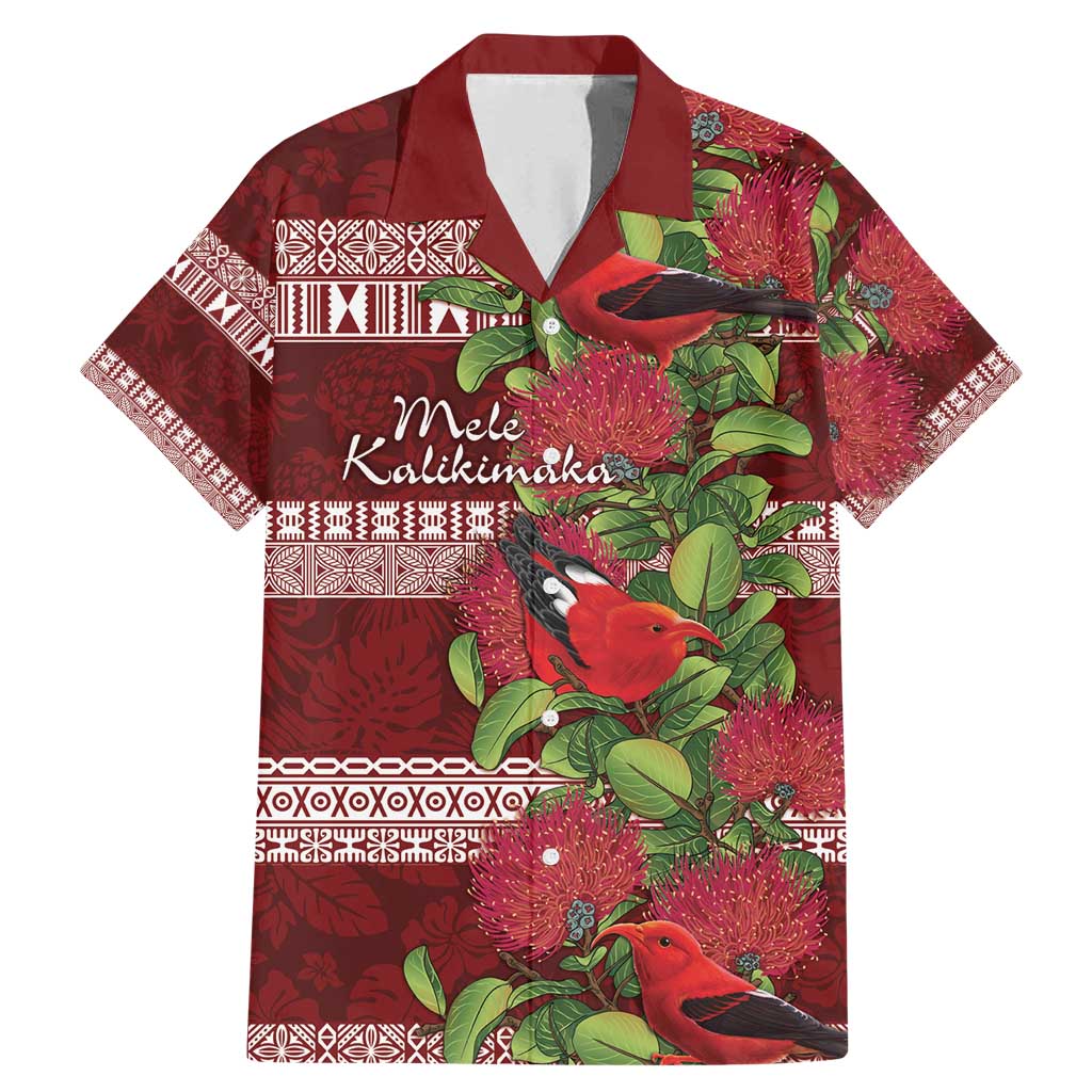 Hawaii Christmas Mele Kalikimaka Family Matching Mermaid Dress and Hawaiian Shirt I'iwi Bird on Ohia Lehua LT7 Dad's Shirt - Short Sleeve Red White - Polynesian Pride