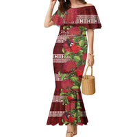 Hawaii Christmas Mele Kalikimaka Family Matching Mermaid Dress and Hawaiian Shirt I'iwi Bird on Ohia Lehua LT7 Mom's Dress Red White - Polynesian Pride