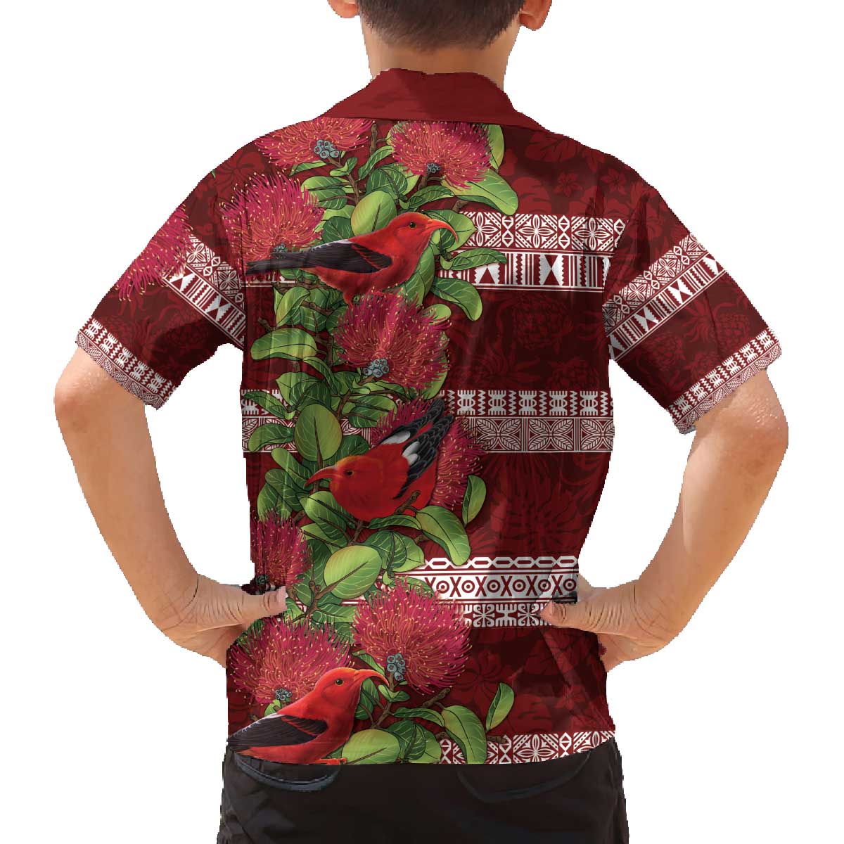 Hawaii Christmas Mele Kalikimaka Family Matching Off The Shoulder Long Sleeve Dress and Hawaiian Shirt I'iwi Bird on Ohia Lehua LT7 - Polynesian Pride