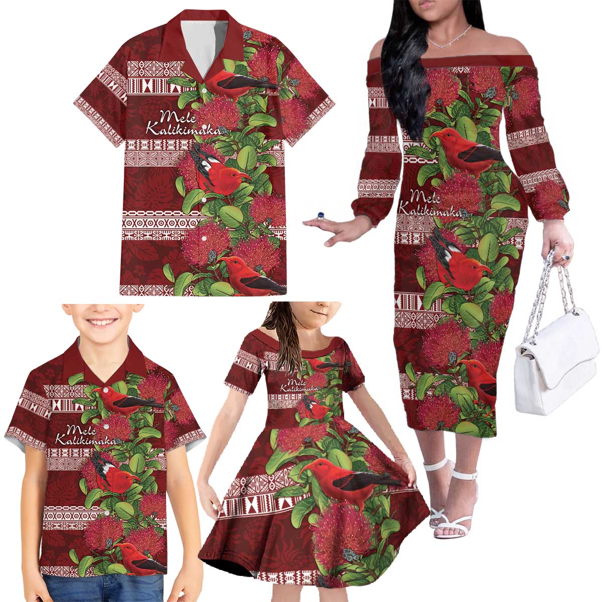 Hawaii Christmas Mele Kalikimaka Family Matching Off The Shoulder Long Sleeve Dress and Hawaiian Shirt I'iwi Bird on Ohia Lehua LT7 - Polynesian Pride