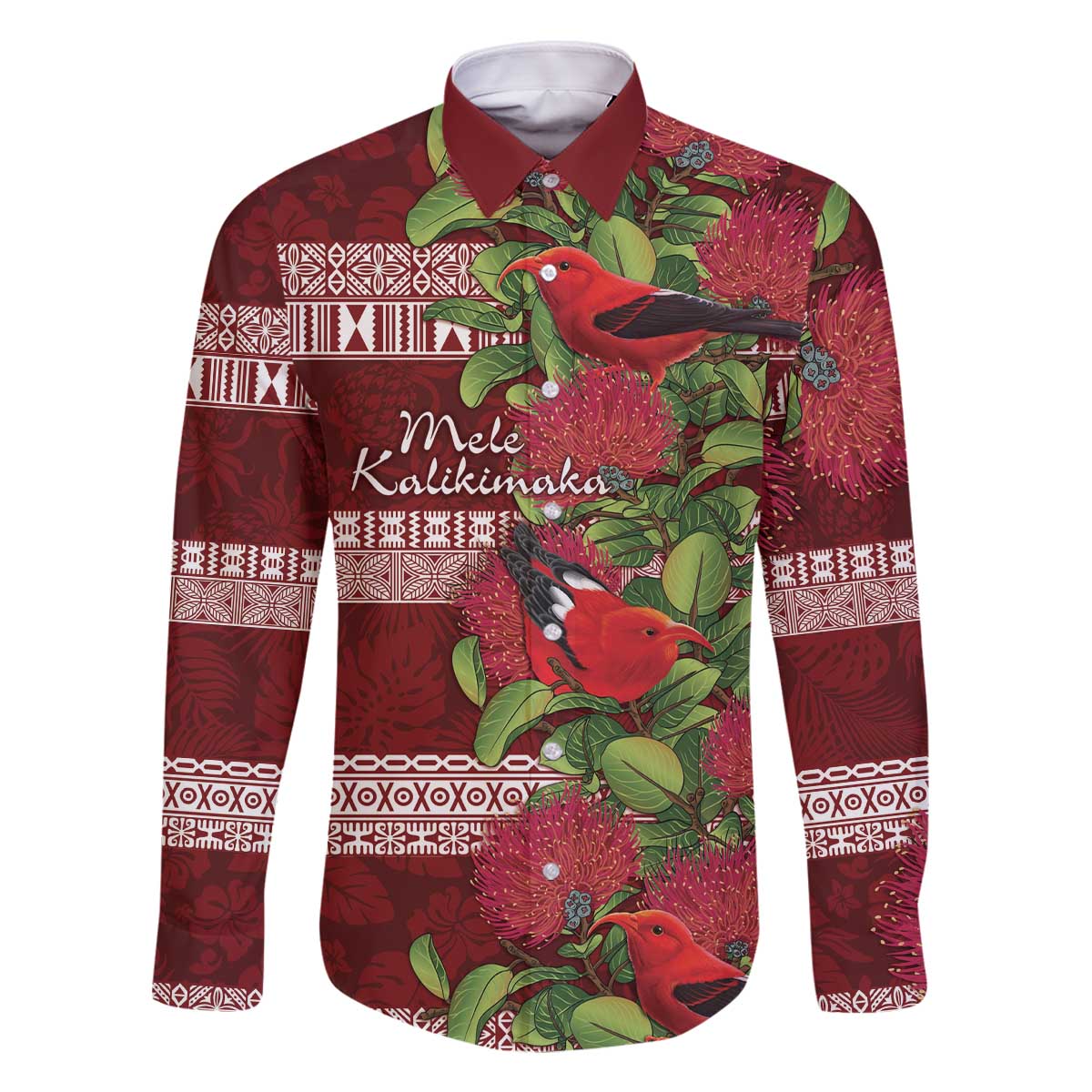 Hawaii Christmas Mele Kalikimaka Family Matching Off The Shoulder Long Sleeve Dress and Hawaiian Shirt I'iwi Bird on Ohia Lehua LT7 Dad's Shirt - Long Sleeve Red White - Polynesian Pride