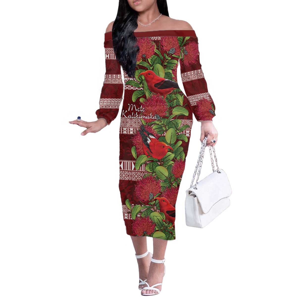 Hawaii Christmas Mele Kalikimaka Family Matching Off The Shoulder Long Sleeve Dress and Hawaiian Shirt I'iwi Bird on Ohia Lehua LT7 Mom's Dress Red White - Polynesian Pride