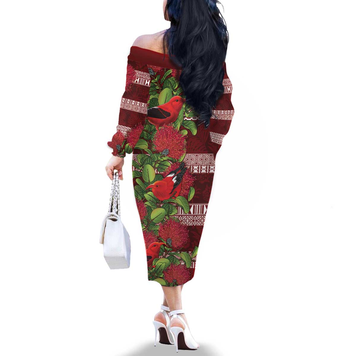 Hawaii Christmas Mele Kalikimaka Family Matching Off The Shoulder Long Sleeve Dress and Hawaiian Shirt I'iwi Bird on Ohia Lehua LT7 - Polynesian Pride