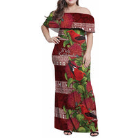 Hawaii Christmas Mele Kalikimaka Family Matching Off Shoulder Maxi Dress and Hawaiian Shirt I'iwi Bird on Ohia Lehua LT7 Mom's Dress Red White - Polynesian Pride