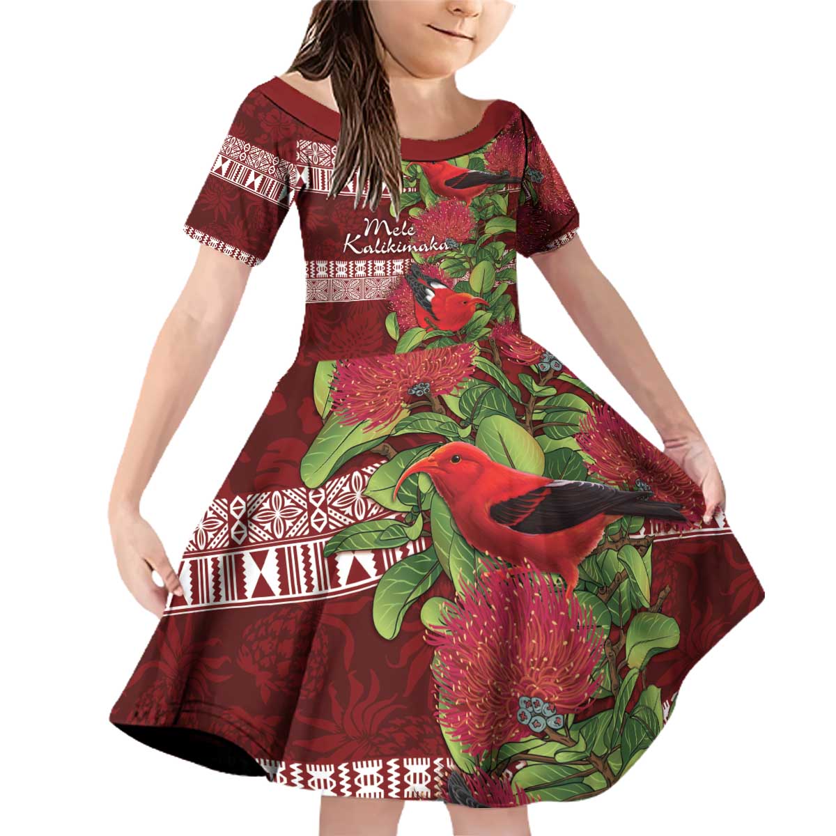 Hawaii Christmas Mele Kalikimaka Family Matching Off Shoulder Short Dress and Hawaiian Shirt I'iwi Bird on Ohia Lehua LT7 Daughter's Dress Red White - Polynesian Pride