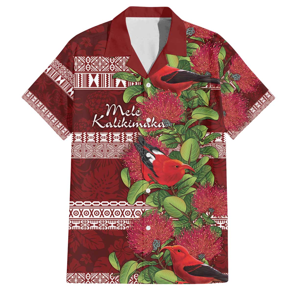 Hawaii Christmas Mele Kalikimaka Family Matching Off Shoulder Short Dress and Hawaiian Shirt I'iwi Bird on Ohia Lehua LT7 Dad's Shirt - Short Sleeve Red White - Polynesian Pride